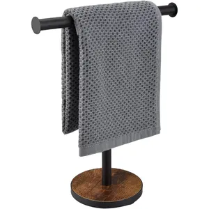 Towel Holder Stand, Countertop Hand Towel Stand for Bathroom and Kitchen, Free Standing Counter Towel Rack with Weighted  Base, Rustic Black and Brown