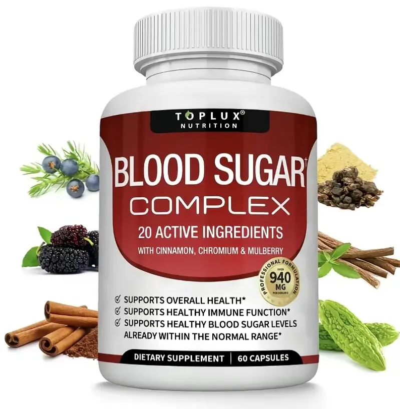 Blood Sugar Complex Supplement - Natural 20 Herbs and Vitamins with Cinnamon Non-GMO Vegan, for Men Women, 60 Capsules