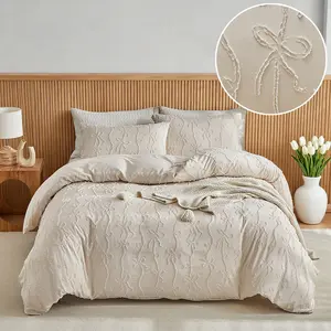3D Bow Pattern Duvet Cover Set 2/3 counts - Khaki Bedding Set, Soft and Comfortable Breathable Bedroom Decor, Bow Tie Pattern Pillowcase Set, 9 Sizes, Perfect Gift for All Seasons, Bohemian Distressed Style Bedding Set, Boho Bed Set. Cute、Romantic.