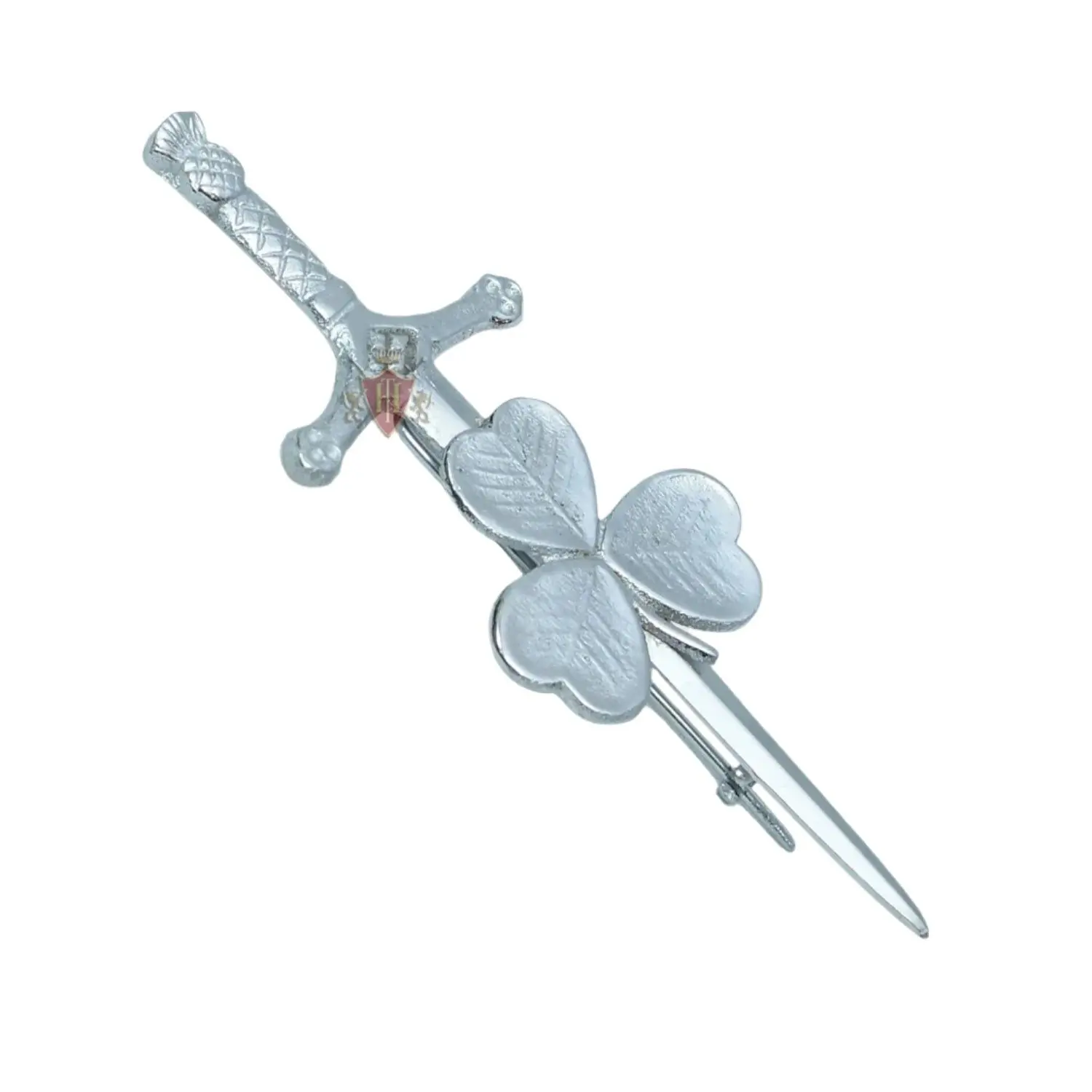 Unisex Shamrock Chrome Finish Kilt Pin, Fashion Clothing Accessory for Cuff Links, Shirt Studs & Tie Clips Pairing