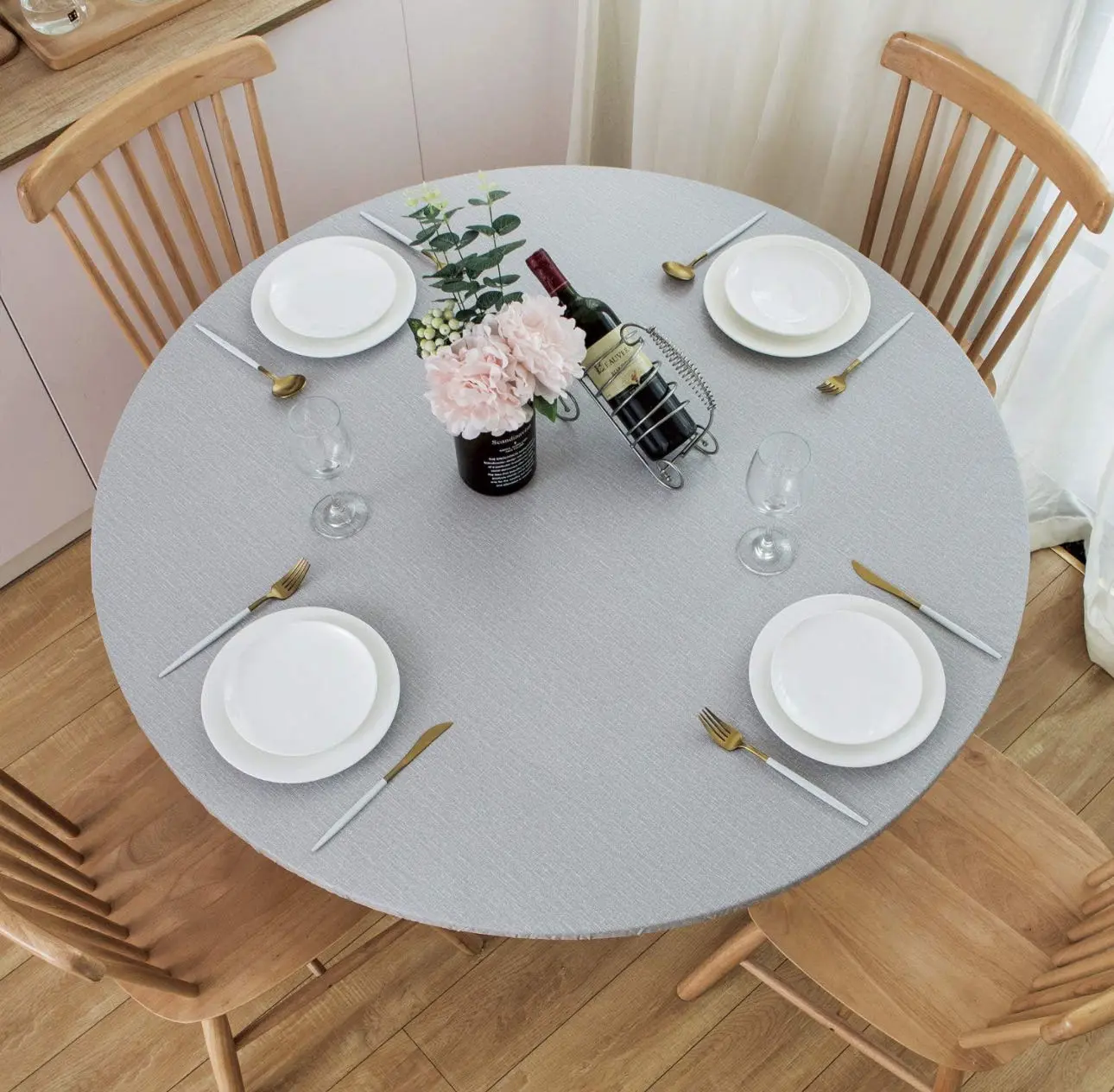 Round Fitted Vinyl Round Table Tablecloth with Elastic Edge, 100% Waterproof Oil-Proof PVC Cover, Wipe-Clean for Indoor-Outdoor Use, Black, 40"-44", Round Table Tablecloths