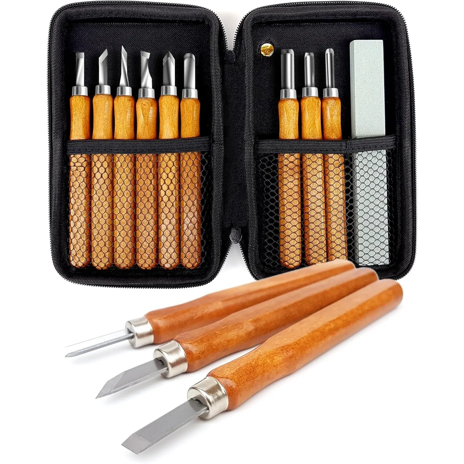 14-Piece SK5 Steel Wood Carving Hand Tools Set for Beginners – Includes Whetstone, Protective Case, Wax, Clay, Soaps, Whittling Accessories, Plastic Cap for Sculpting