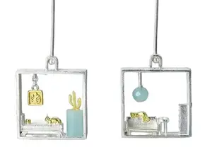 925 Sterling Silver 18K Gold Plated Lazy Cat At Home Dangle Earrings Fine Jewelry Square Big Earrings for Her Women