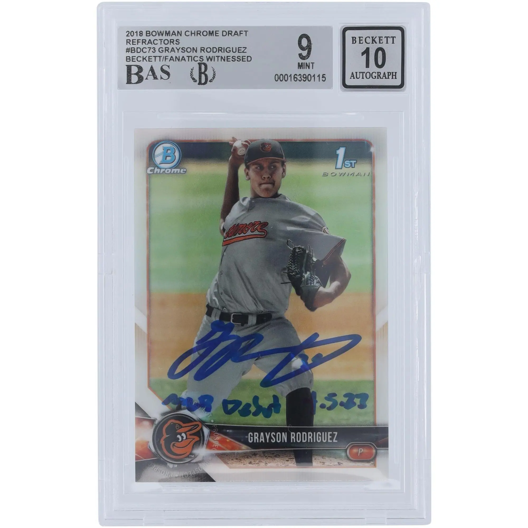 Grayson Rodriguez Baltimore Orioles Autographed 2018 Bowman Draft Chrome Refractors #BDC-73 Beckett Fanatics Witnessed Authenticated 9/10 Card with "MLB Debut 4/5/23" Inscription - Fanatics Authentic Certified