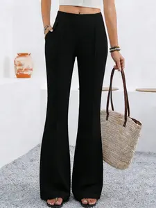 Elegant Minimalist Korean Style Fitted Long Flared Women Pants, Comfortable Plain Color Draped Micro Flare, Stylish Commuter Wear for All Seasons