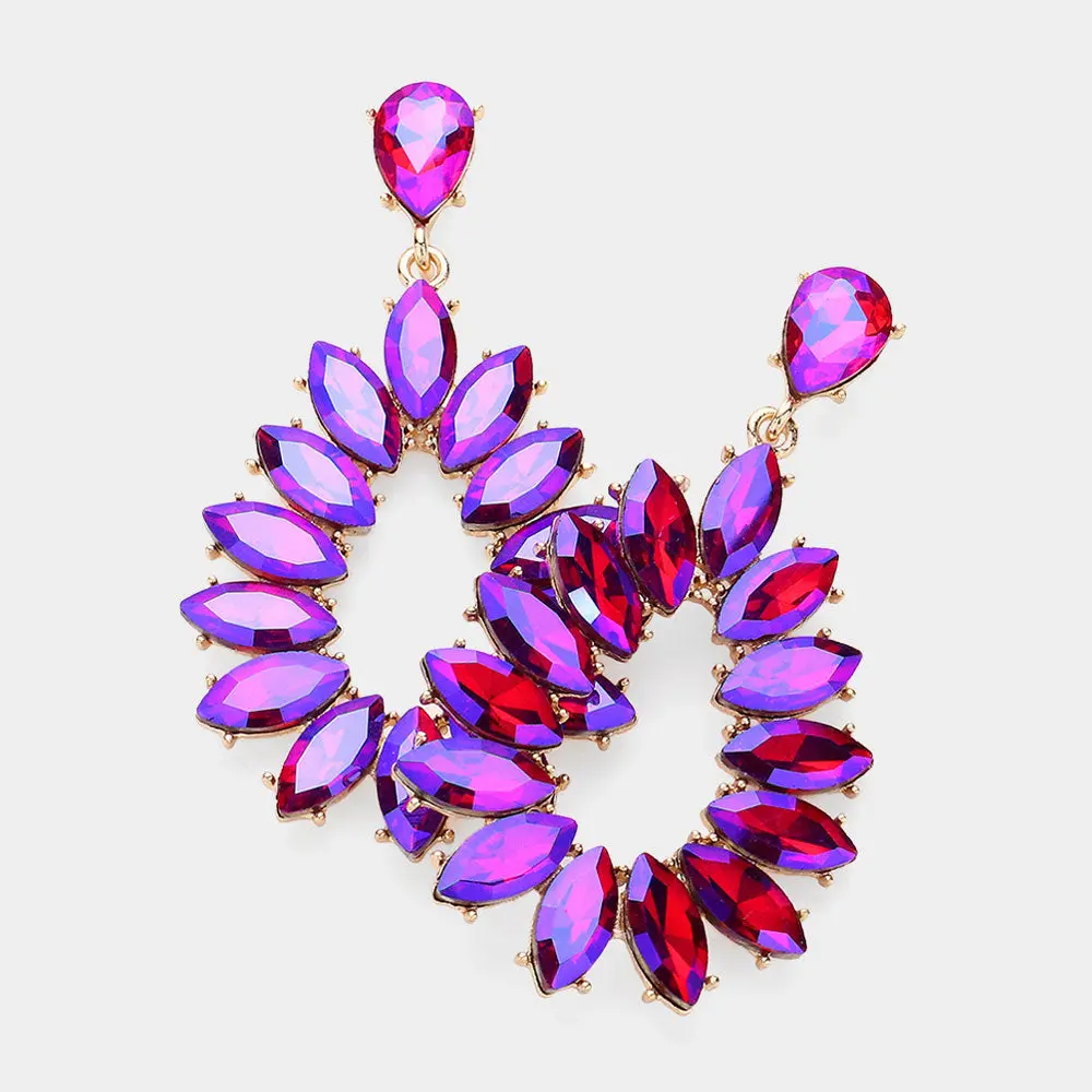 Red AB Marquise Stone Cluster Open Teardrop Dangle Pageant Earrings on Gold | 632453