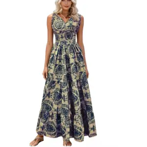 Summer New Women's Floral Bohemian Print V-Neck Long Dress Vintage Elegant Casual Fashion Loose Fit Travel Holiday Preferred Aesthetic Plant Pattern Aesthetic Plant Maxi Sleeveless Vneck Womenswear Womenswear Womenswear brunch Vacation Seaside Skirt tea