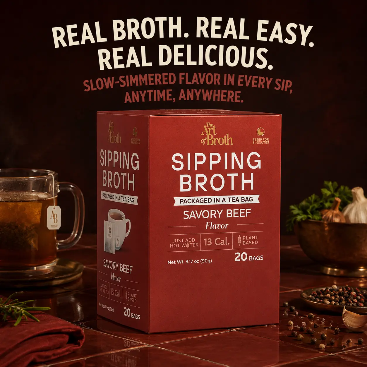 The Art of Broth Sipping Broth Tea Bags Savory Beef Flavor, Instant Broth Drink Mix, Plant Based Vegan Broth Packets, Low Calorie Hot Water Broth, Gluten Free, Non GMO, Chef Crafted, Umami Meatless  6 Bags or 20 Bags