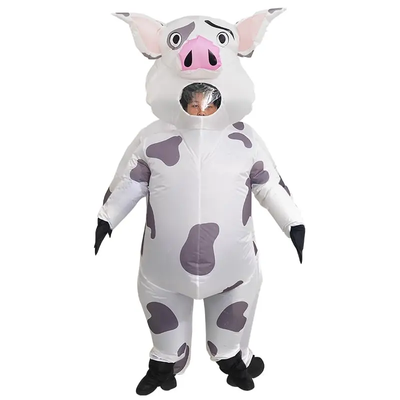 Inflatable Spotted Pig Costume for Adults – Funny Blow Up Black & White Piggy Outfit, Halloween Party Cosplay Animal Suit with Fan