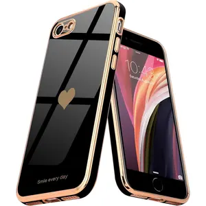 for  SE 2022, SE 2020,  7 Case,  8 Case Phone Case for Women Girl Cute Love-Heart Luxury Bling  Soft  Cover Camera Protection Bumper  Shockproof Case, Black