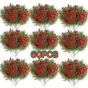 60pcs Artificial Pine Branches with Red Fruits - Realistic Evergreen Stems Suitable for Indoor/Outdoor Christmas Tree Decorations, Wreaths, Table Centerpieces - Plastic Winter Holiday Decor (No Maintenance), Christmas Decor