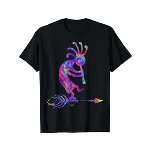[100% Cotton] 100% Cotton Men's Native American Kokopelli T-Shirt - Southwest Cultural Design with Kokopelli Goddess of Fertility & Corn Mother, Multicolor Feather & Fan Print, Breathable Round Neck Tee for Powwows, Festivals & Casual Wear, All-Season
