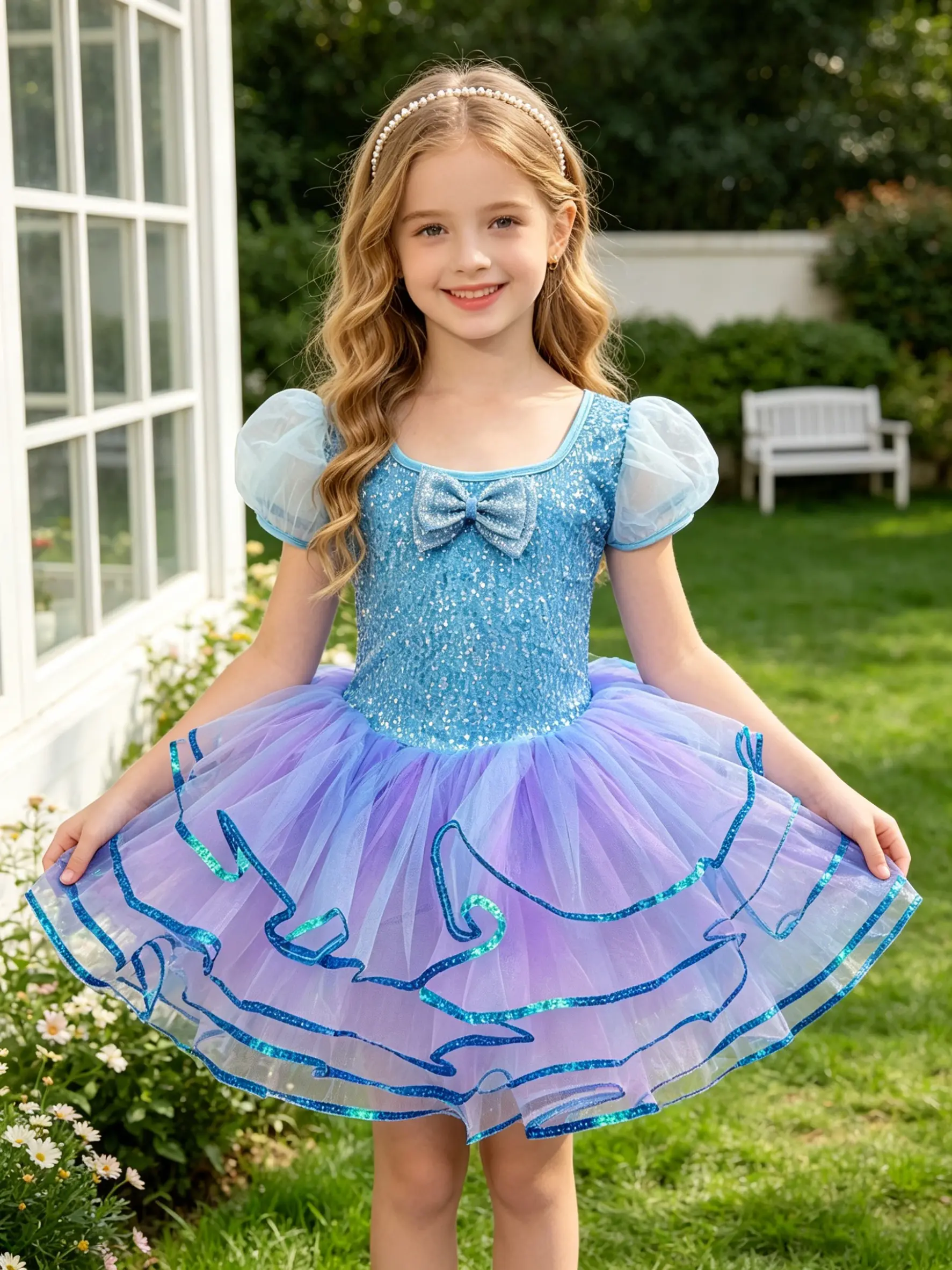 Girls' All-Over Sequin Blue Ballet Tutu Dress  girls   - Sparkly Bow, Sheer Puff Sleeve, Ombre Blue-Purple Wavy Tulle Dance Costume with Stretchy 1-Piece Leotard for Dance Class, Recitals, Photoshoots
