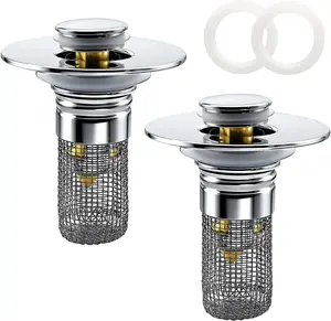 2 Pack Pop-Up Bathroom Sink Drain Strainer with Removable Hair Catcher Basket – Stainless Steel Bathroom Sink Stopper & Anti-Clog Drain Filter