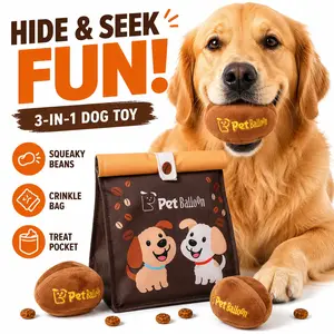 Durable Plush Pet Balloon Dog Squeak Toys - Coffee Bean Design Tri-Color Crackle Pack with Crinkle Treat Bag for Small & Medium Breeds, Snuffle Treat-Hiding Toys
