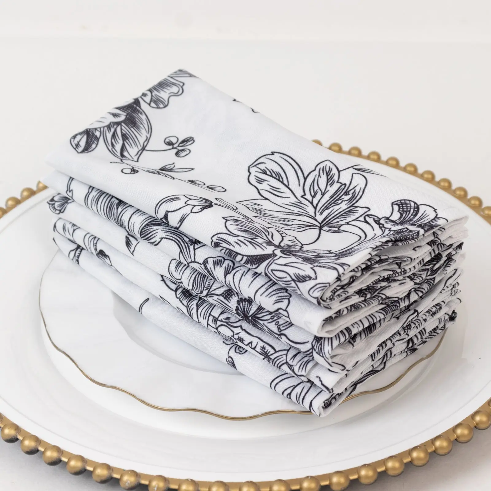 5-Pack Reusable Square Fabric Napkins, 17"x17" Black and White French Toile Polyester Tableware for Party, Dining, Birthday Events