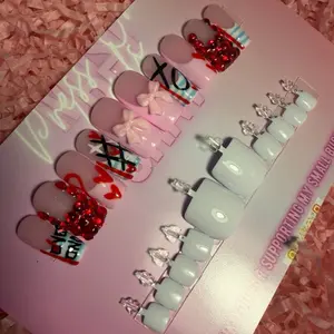 Valentine Press On Nails with Heart and Bow Designs for Festive Manicure