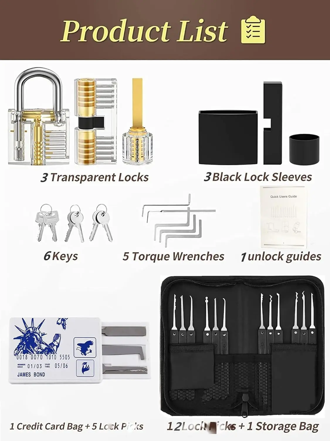 Padlock Lock Kit with 3 Locks 3 Black Lock Sleeves 6 Keys 5 Torque Wrenches Picking Protection 1 Unlock Guide 12 Lock Picks 1 Storage Tool Bag
