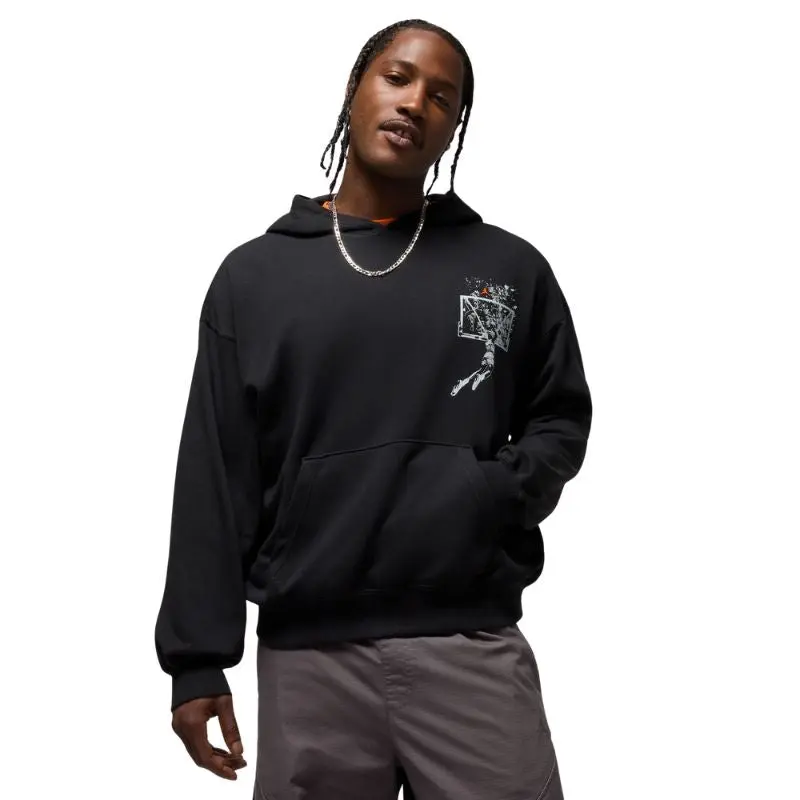 Air Jordan Brooklyn Men's Oversized Ribbed Hem Pullover Hoodie - Midweight French Terry Cotton Sweatshirt with Storage Pockets, Mj Tribute, Machine Washable, Black/Starfish, Loose Baggy Fit for Casual Layering, All Seasons Menswear Top (Polyester Blend)