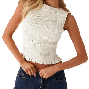 Women Y2K Smocked Tank Top Sleeveless Round Neck Solid Color Ruffle Hem Tops for Beach Vacation tiktokshopspringglowup tiktokshopspringglowup