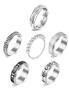 6Pcs Rotatable Anxiety Ring, Anxiety Relief Spinner Ring Fidget Ring for Women & Men, Stainless Steel Ring, Fashion Jewelry for Party, Daily Decor, Trendy All-match & Exquisite Jewelry for Birthday Gift, Band Rings, Men Accessories, Stress Relief Rings