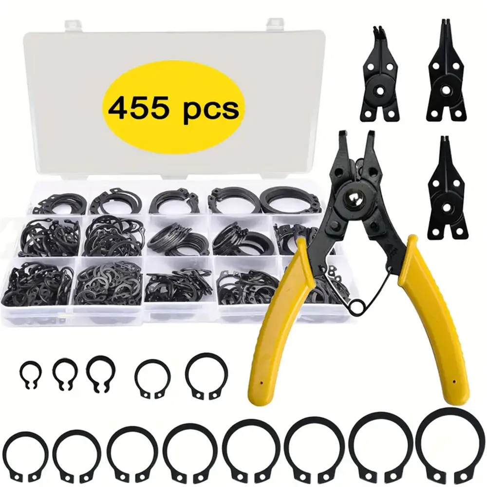 455pcs Snap Ring Pliers Set, 15 Sizes Industrial Grade Circlip Pliers Kit with Internal/External Straight/Offset Tips, Heavy Duty Steel Retaining Ring Pliers Set for Garage Machinery, Car Repair