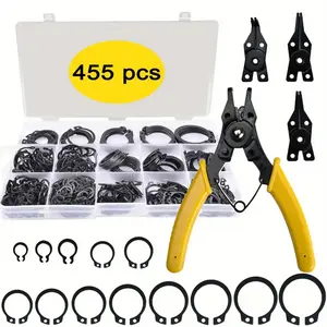 455pcs Snap Ring Pliers Set, 15 Sizes Industrial Grade Circlip Pliers Kit with Internal/External Straight/Offset Tips, Heavy Duty Steel Retaining Ring Pliers Set for Garage Machinery, Car Repair