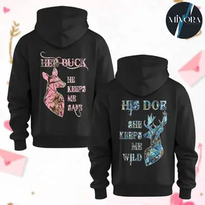 Hunting Deer Her Buck His Doe Couple Hoodies Graphic Hoodie Casual  Fleece Fabric Pullover Hooded Sweatshirt for Women for Men, Perfect Gift