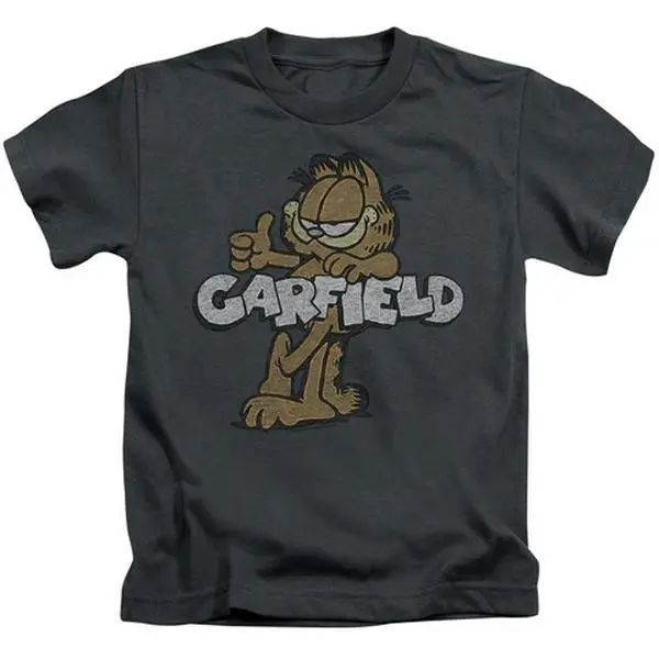 Trevco Garfield-Retro Garf Menswear Short Sleeve T-Shirt - Juvenile 18-1, Charcoal, Large 7, Tops, Stitched Hem