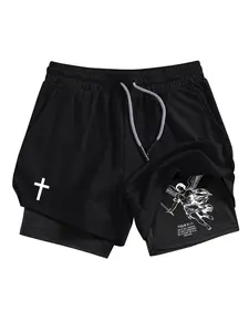 Angel Cross Graphic Print 2-in-1 Shorts for Men, Summer Quick-Dry Breathable Workout Fitness Running Gym Performance Streetwear Sports Shorts, Fitted Multi-Pocket Design