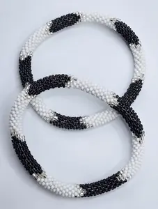 Set of 2 Handmade Nepal Czech Glass Seed-Bead Crochet Bracelets Boho Chic Roll-On Bangles One-Size Fits Most Women's Fashion Jewelry Boho Hippie Beaded Bracelet Bangles Artisan-Made Accessories