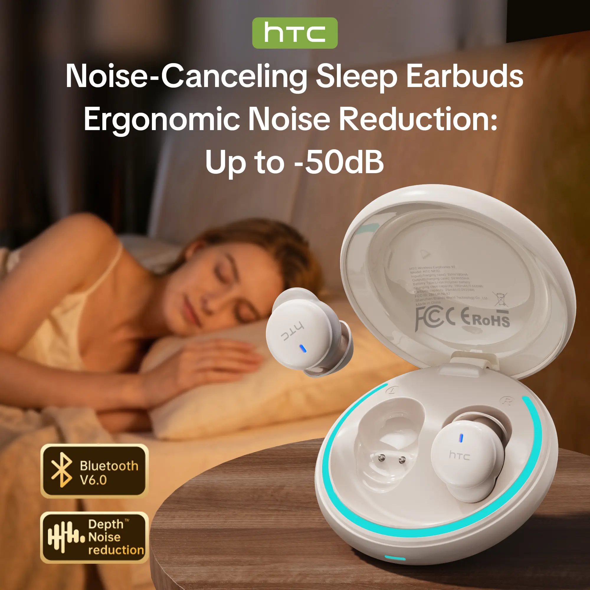 HTC NE92 Wireless Earbuds Sleep Earphones, Mini Invisible In-Ear Earphones for Side Sleepers, Bluetooth 6.0 headphones, Noise-Canceling Sleep Earphones, Built in Microphone