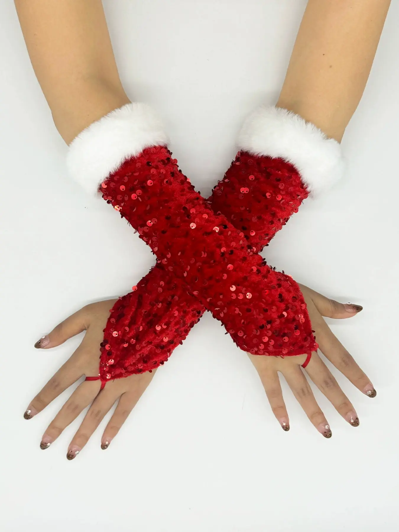 Bright red New Year fingerless gloves Christmas long gloves cosplay costume performance decorative gloves Party Event Props