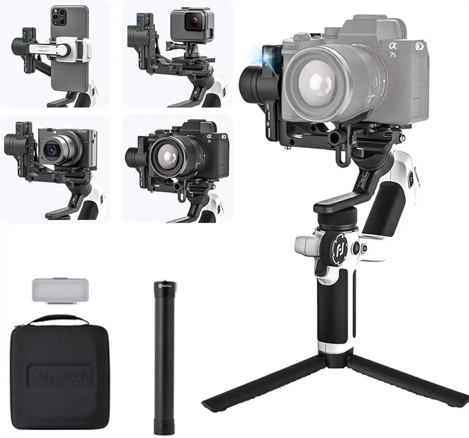 FeiyuTech SCORP Mini 2 Kit (White) Gimbal Stabilizer for Camera & Smartphone, 3-Axis Handheld Gimbal with AI Tracking, Gesture Control, Quick Release, Touchscreen, for Vlogging YouTube TikTok GoPro