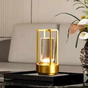 Portable Metal-Table Lamp, Rechargeable LED Artificial Crystal Lantern Lamp, 3 Color Stepless Dimming Touch Table Light for Bedroom Restaurant Coffee Shop