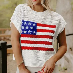 Patriotic Short Sleeve Sweater: Flag Pointelle Knit Top for Summer & 4th of July