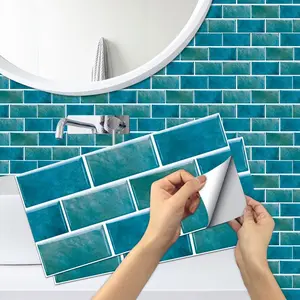Turquoise Blue Marble Pattern Tile Sticker, 12/24pcs Self-adhesive Peelable Kitchen Oil Proof Bathroom Waterproof Wall Sticker, Home Decoration, Self Adhesive Tiles