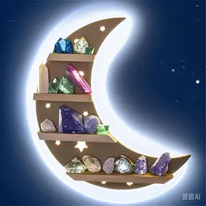 LED Crystal Wall Shelf with Moon & Stars Design - 15.7" Decorative Display Shelf for Rocks & Trinkets - Reusable Wall-Mounted Organizer with Lights - Witchy Altar Decor for Small Collectibles - Durable Shelf for Home & Office Decor