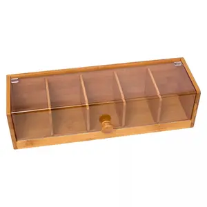 Bamboo & Acrylic 5-Section Tea Box Use as a keepsake, jewelry box, or tea box Features a transparent, acrylic lid and 5 sections for storage