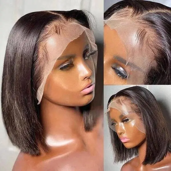 Women's 16in Pre-Plucked Straight Lace Front Bob Cut, High-Temperature Silk Synthetic Full Machine Wig, Straight Bob Synthetic Full Machine Wigs, Short Bob, Female