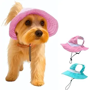 Dog Outdoor Hat with Ear Hole Round Brim Summer Dog Puppy Cat Suncare Cooling Bucket Hat Cute Active Sun Protection Pet Caps (Pink, Medium)