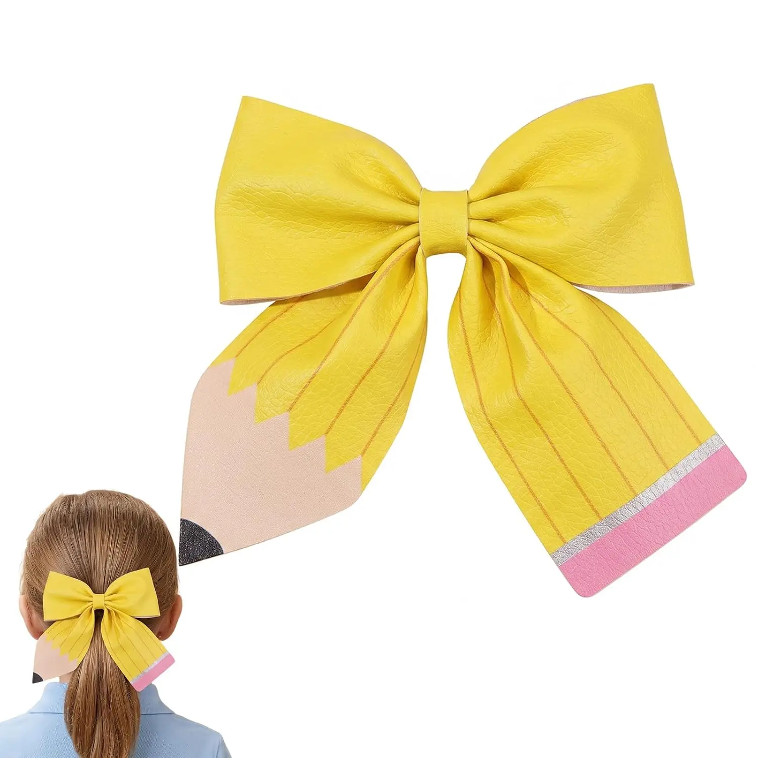 Back to School Pencil Hair Bow Clip, 1PC Faux Leather Bow Barrette for Girls & Teachers, Cute First Day of School Hair Accessory