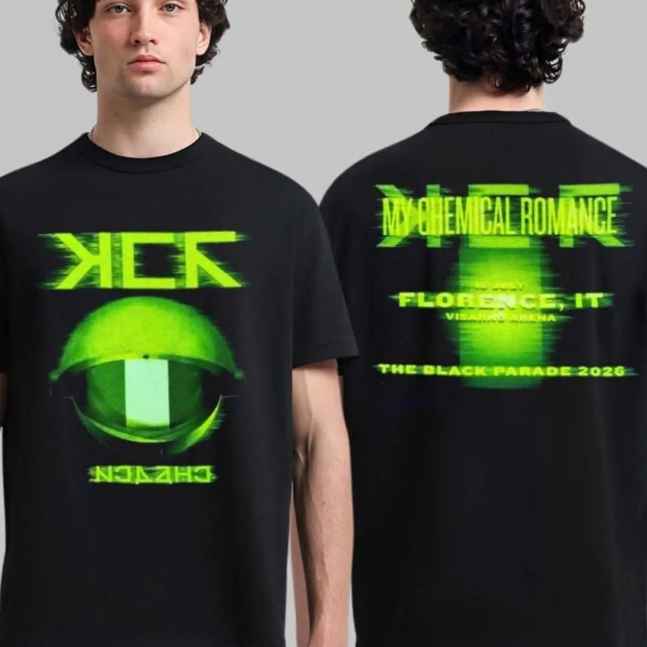 My Chemical Romance Florence Italy 2026 Exclusive Merch Tee At Visarno Arena On 15 July 2026 Green Neon Glitch T-Shirt M1G