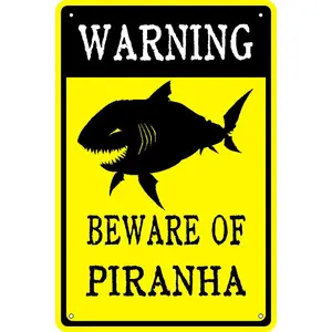 GEMINOLOGY Warning Beware OF Piranhas Vintage Metal tin Sign Humor Funny Bar Man Cave Wall Bathroom Art Poster Decor Retro for Home Coffee Restaurants Decorations 8x12 Inch