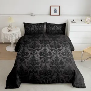 Gothic Bedding,Victorian Baroque Goth Bed Set,Black Floral Comforter,Damask Bohemian Decor Grey Comforter