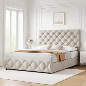 Upholstered Queen Platform Bed Frame Elegant Storage Solution Platform Bed Frame 4 Storage Drawers Adjustable Headboard, PU Leather Platform Storage Bedframe with Button Tufted, Wooden Slats Support, No Box Spring Needed, Noise-Free