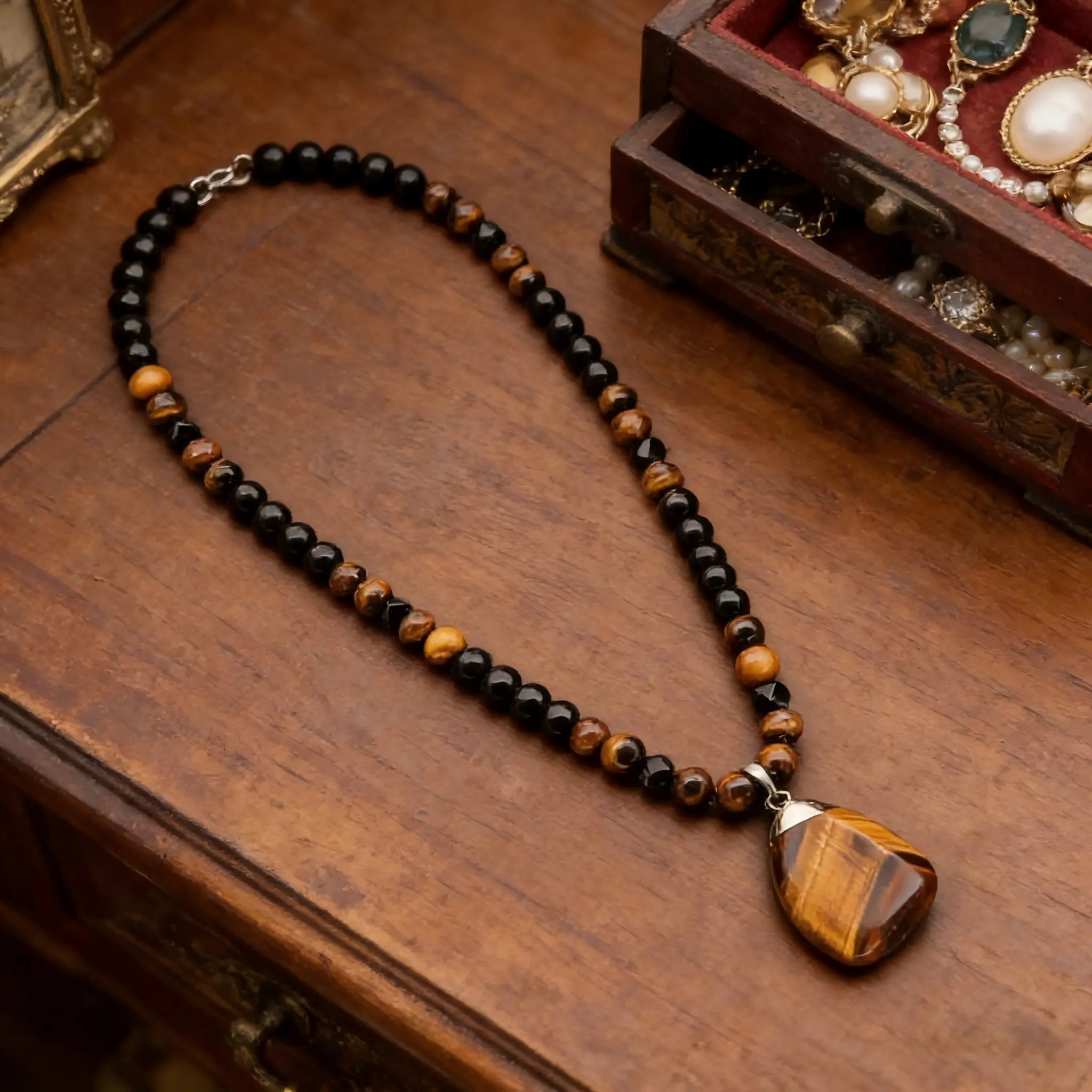 Men's Jewelry KC 1-Piece Lucky Vintage Natural Tiger Eye Geometric Pendant Necklace - Adjustable Beads Design, Black Onyx Crystal Necklaces, Spiritual Jewelry, Suitable for Daily Wear & Meaningful Gifts, Beaded Necklaces
