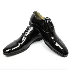 Men's Cap Toe Patent Black Tuxedo Dress Shoes Oxfords Block Heel Formal Classy AZARMAN