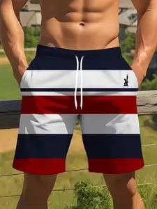 Men's Printed Striped Geometric Summer Vacation Beach Pants, Swimming Shorts, Adjustable Drawstring Waist, Casual Style