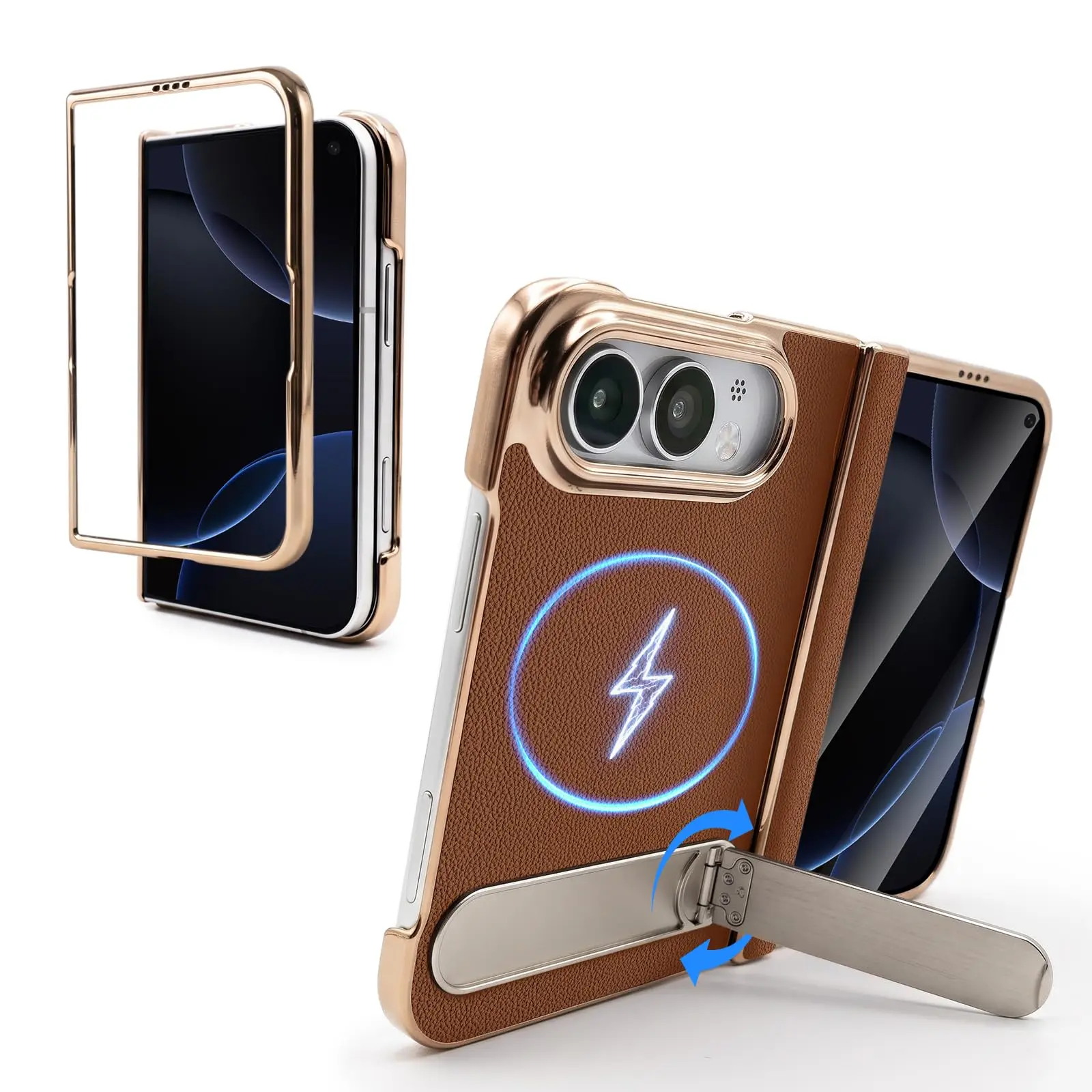 for iPhone Duo Luxury Genuine Leather fold Case, 360° Rotating invisible Kickstand & Full Hinge Drop Protection, MagSafe Slim Phone Cover, Ideal Christmas Gift